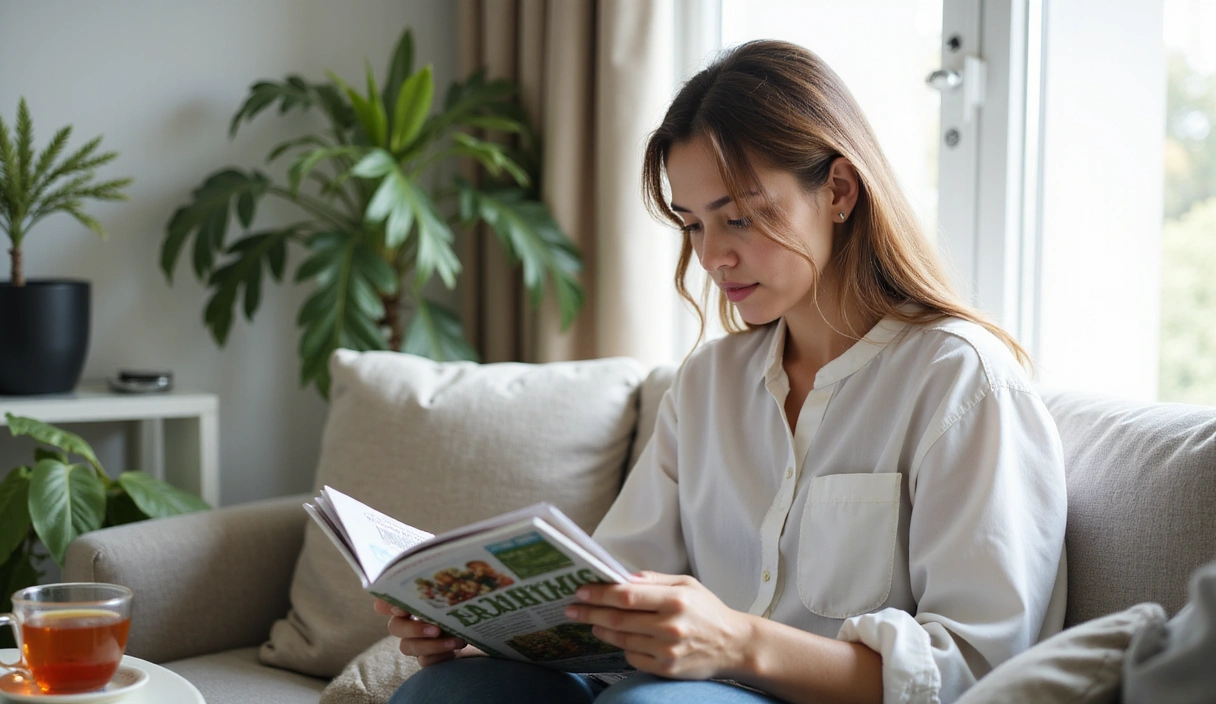 A person deeply engaged in reading a health magazine or tablet, surrounded by natural elements, symbolizing knowledge and well-being.