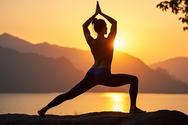A person practicing yoga in a serene outdoor setting, overlooking a tranquil landscape, symbolizing holistic wellness.