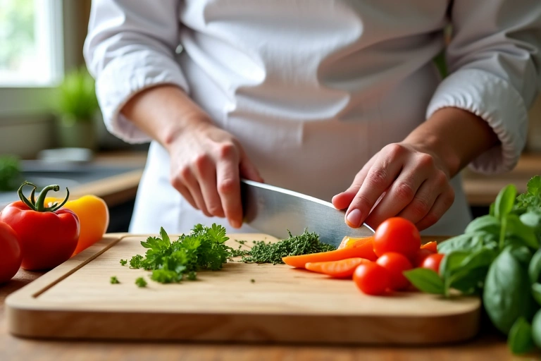 A chef's hands preparing a vibrant, healthy meal on a clean kitchen counter, surrounded by fresh ingredients.