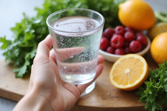 A person holding a glass of water, with fresh fruits and vegetables in the background, symbolizing hydration and healthy eating.