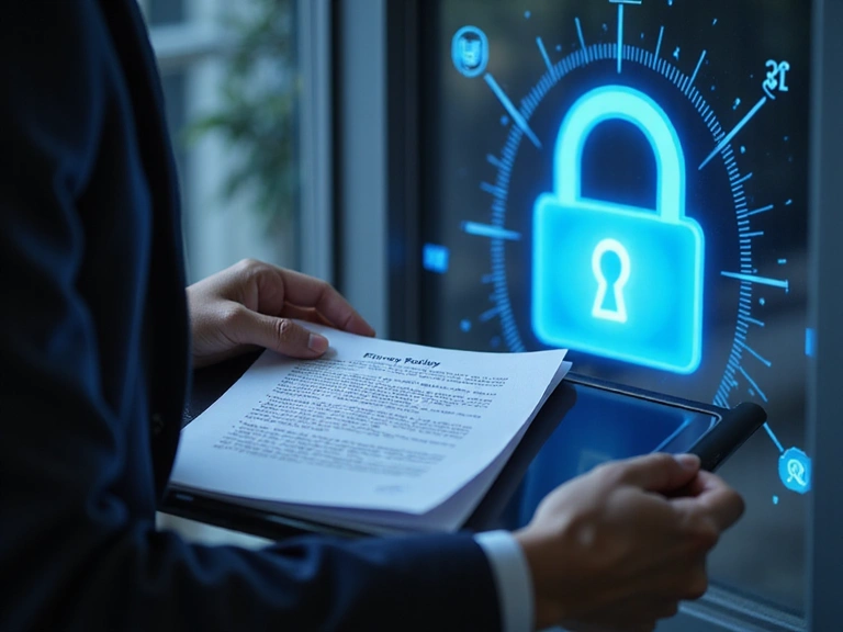 A person reviewing privacy policy documents on a tablet with a secure lock icon in the background, symbolizing data protection.