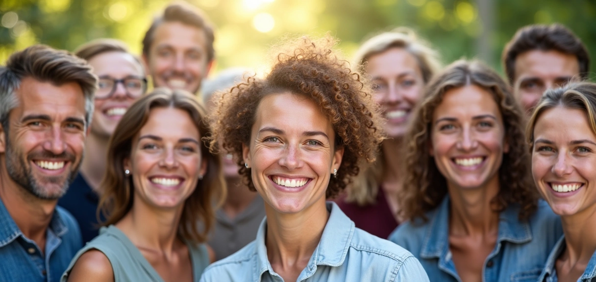 Group of happy and confident people smiling, representing success and well-being after achieving health goals.